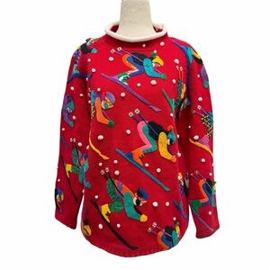 Michael Simon Ski Embellished Mock Neck Long Sleeve Red Vintage Sweater Small